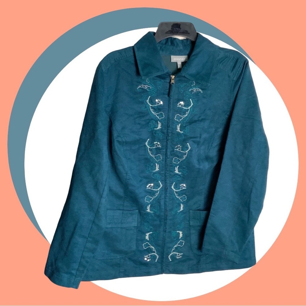 Essentials Blue Lined Zip Blazer w Silver/Blue Stitching & Sequins Wm 14/16W